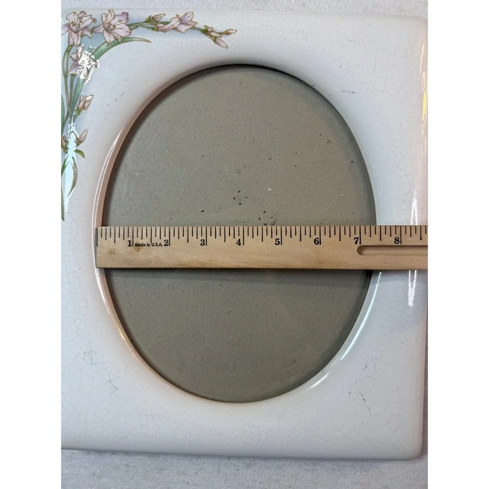 Vintage 70s Ceramic Floral Picture Frame Crackle Glaze White Pink Lily 8x10